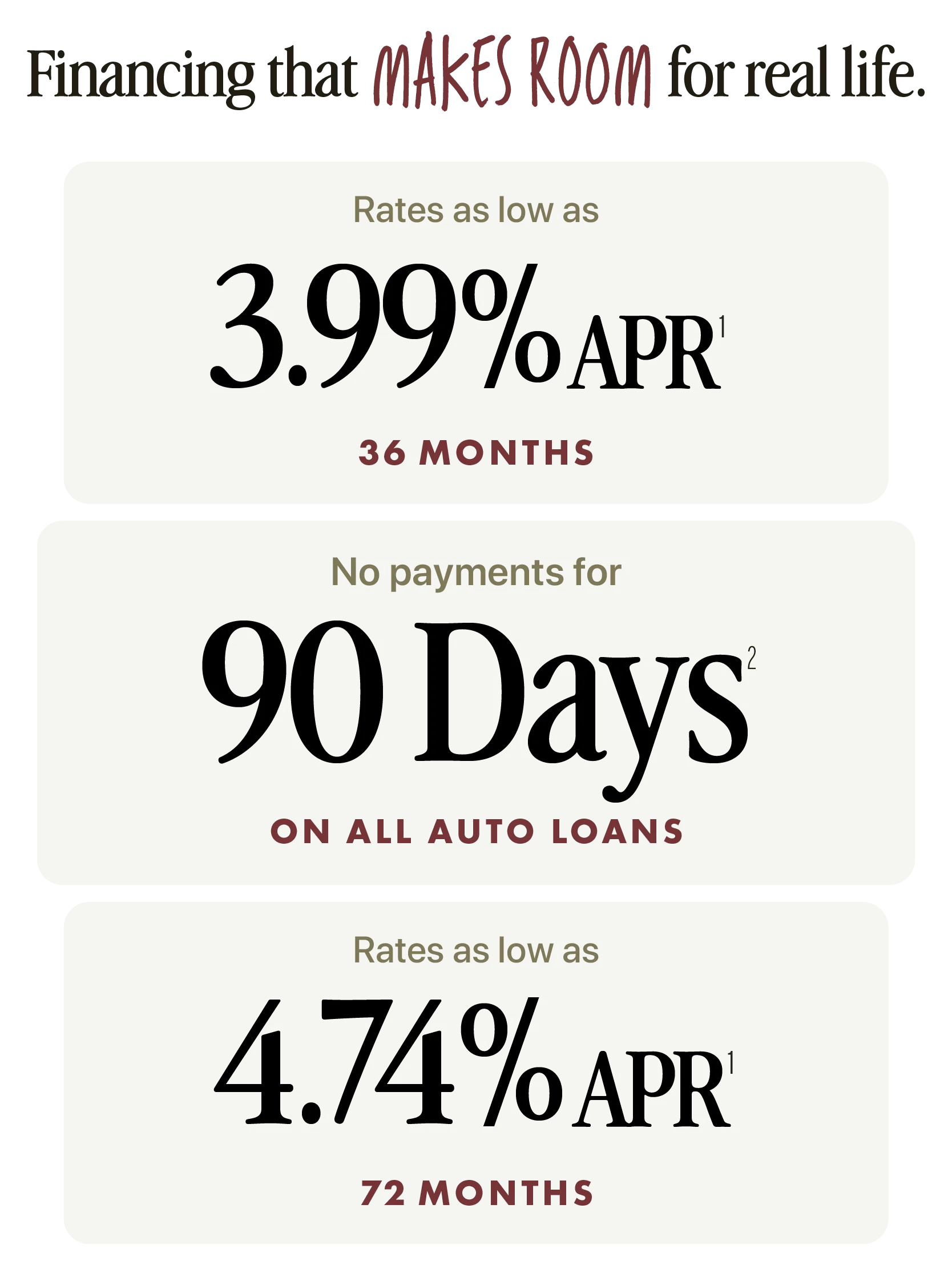 Lower payments? Look no further. Rates as low as 3.99% APR for 36 months. No payments for 90 Days on all auto loans. Rates as low as 4.74% APR for 72 months.