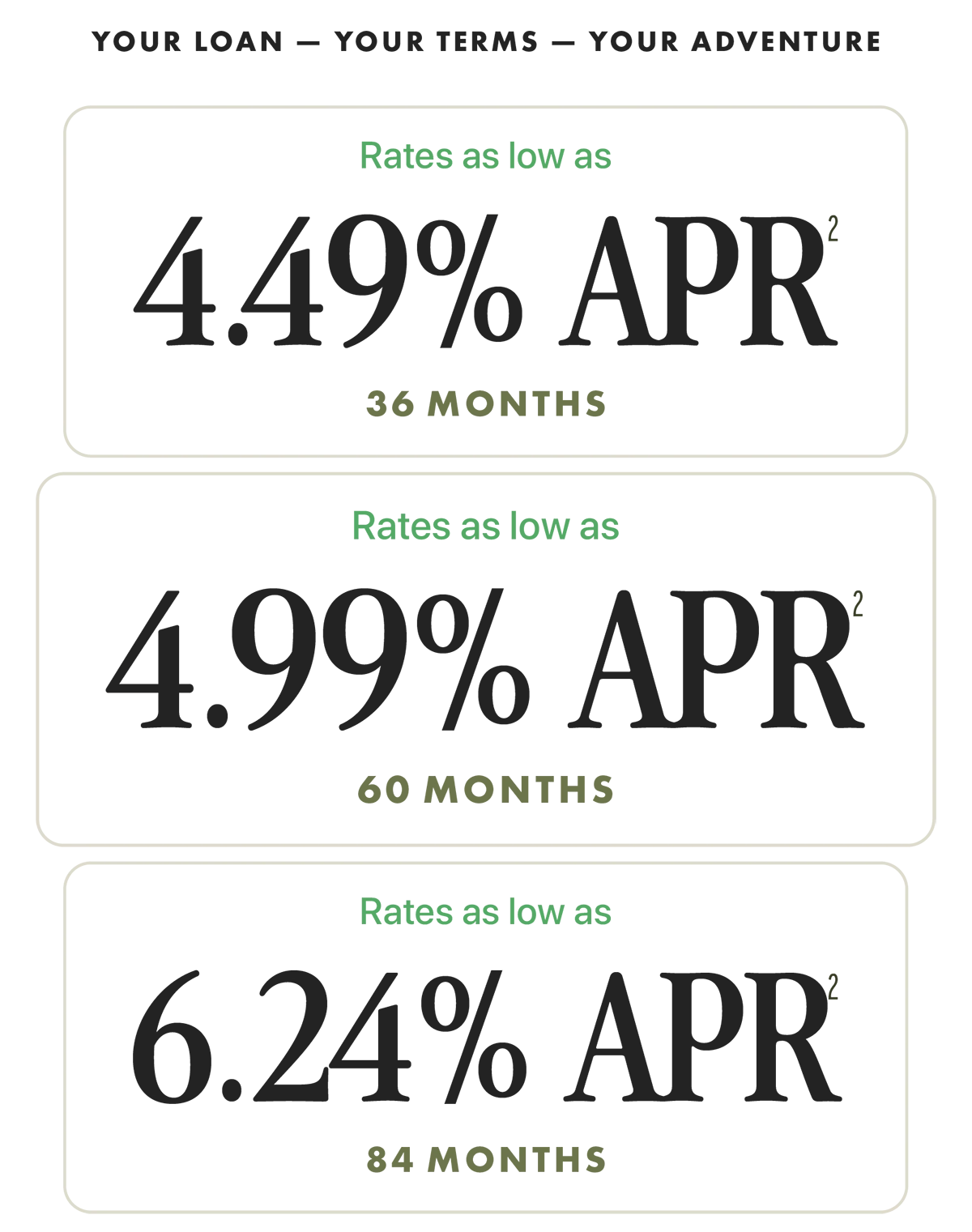 Your loan - Your terms - Your adventure: As low as 4.49% APR for 36 months | As low as 4.99% APR for 60 months | As low as 6.24% APR for 84 months.