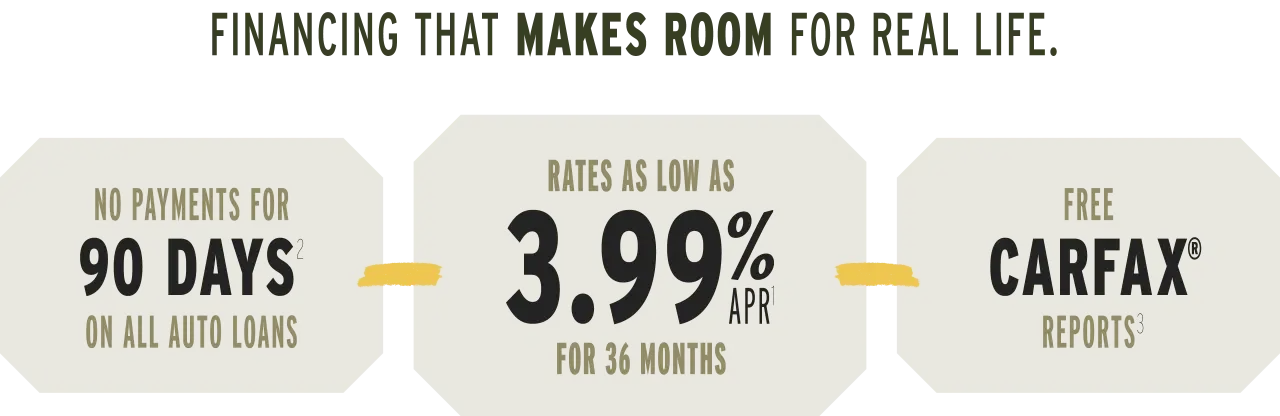 Financing that makes room for real life. No payments for 90 Days on all auto loans. Rates as low as 3.99% APR for 36 months. Free CarFAX Reports.