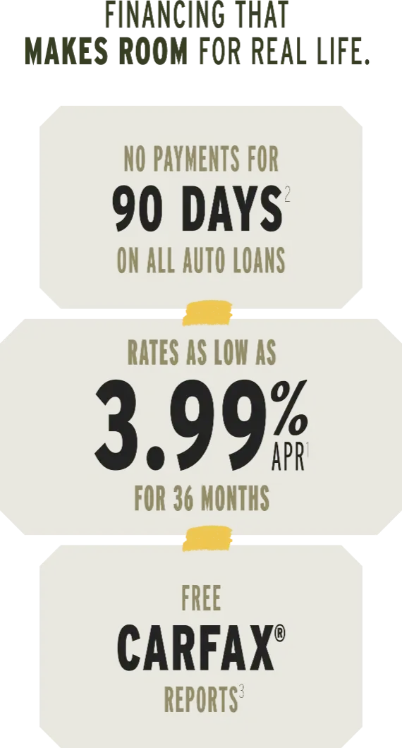 Financing that makes room for real life. No payments for 90 Days on all auto loans. Rates as low as 3.99% APR for 36 months. Free CarFAX Reports.