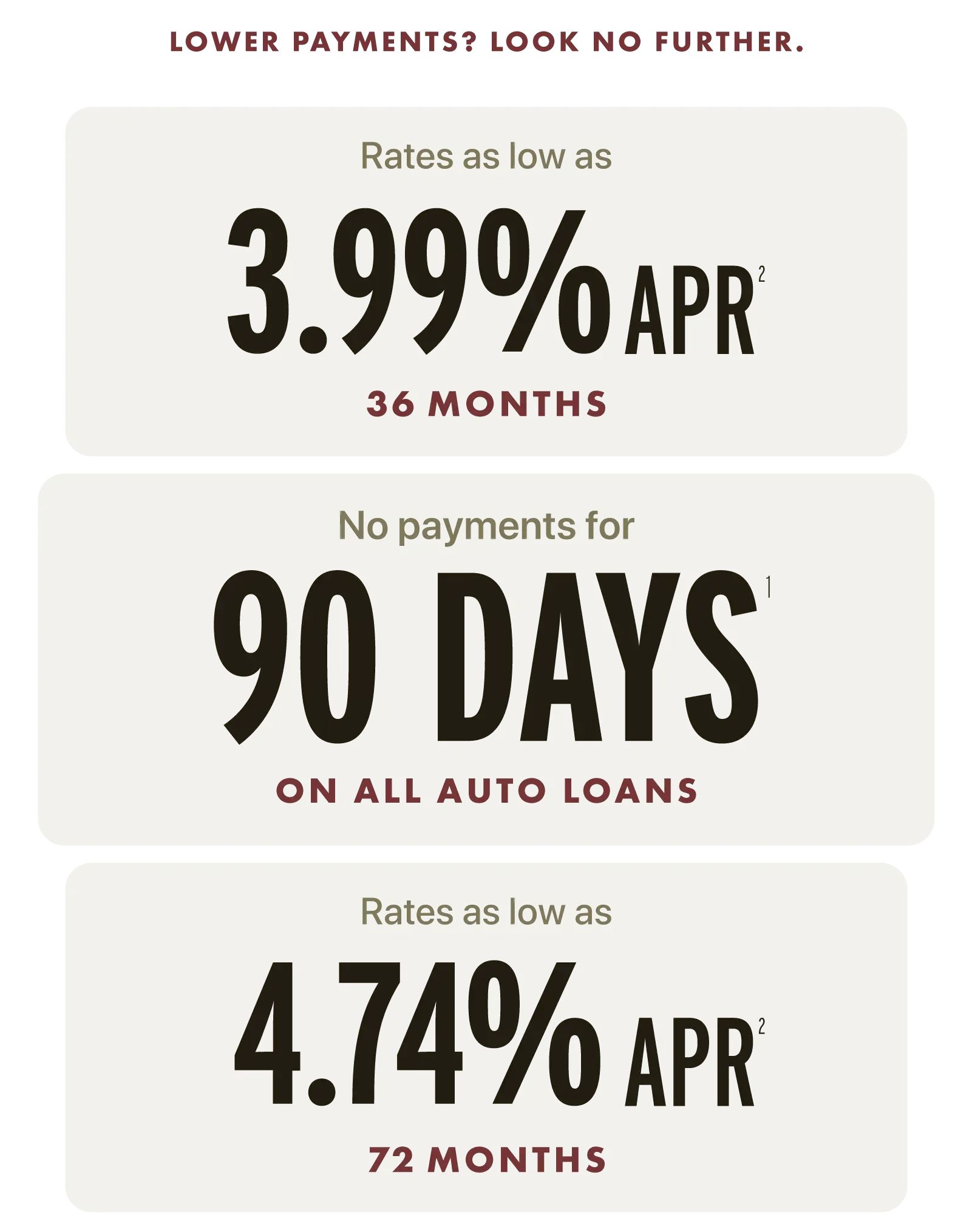 Lower payments? Look no further. Rates as low as 3.99% APR for 36 months. No payments for 90 Days on all auto loans. Rates as low as 4.74% APR for 72 months.