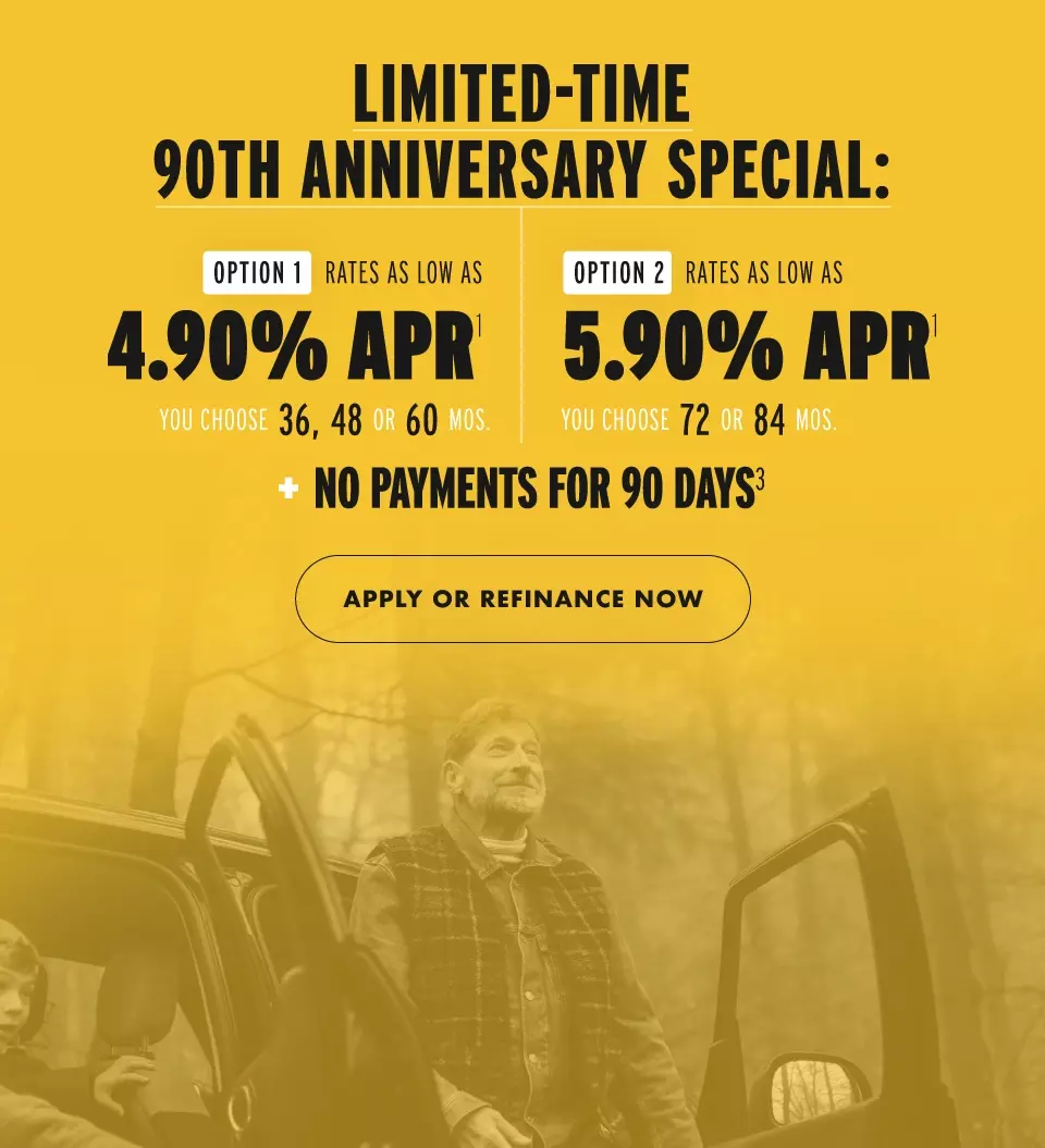 Limited-Time 90th Anniversary Special: Option 1: Rates ALA 4.90% APR (36, 48 or 60 months) | ALA 5.90% APR (72 or 84 months) APPLY OR REFINANCE NOW